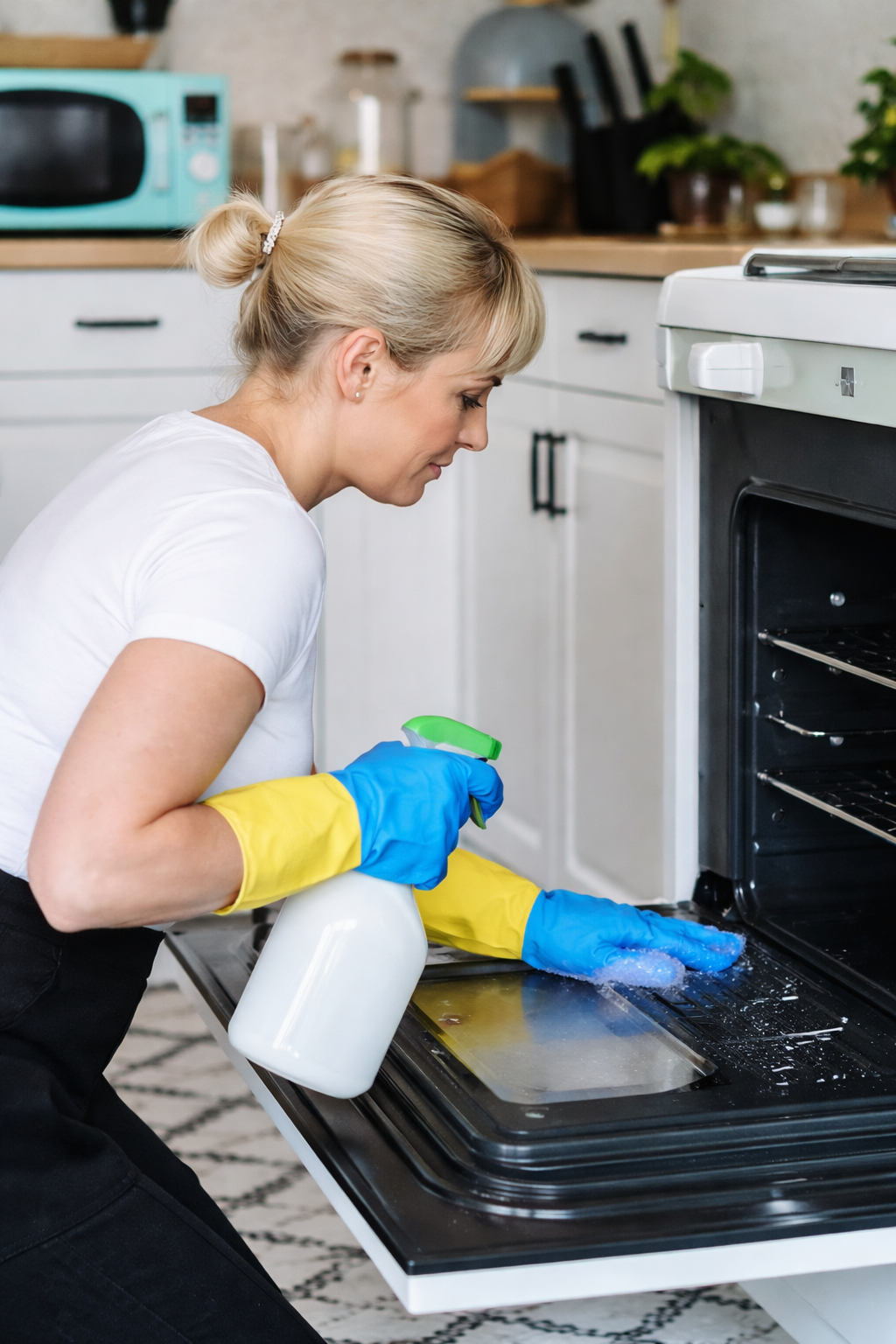 AccessMaids cleaner scrubbing the inside of an oven in a Chicago kitchen