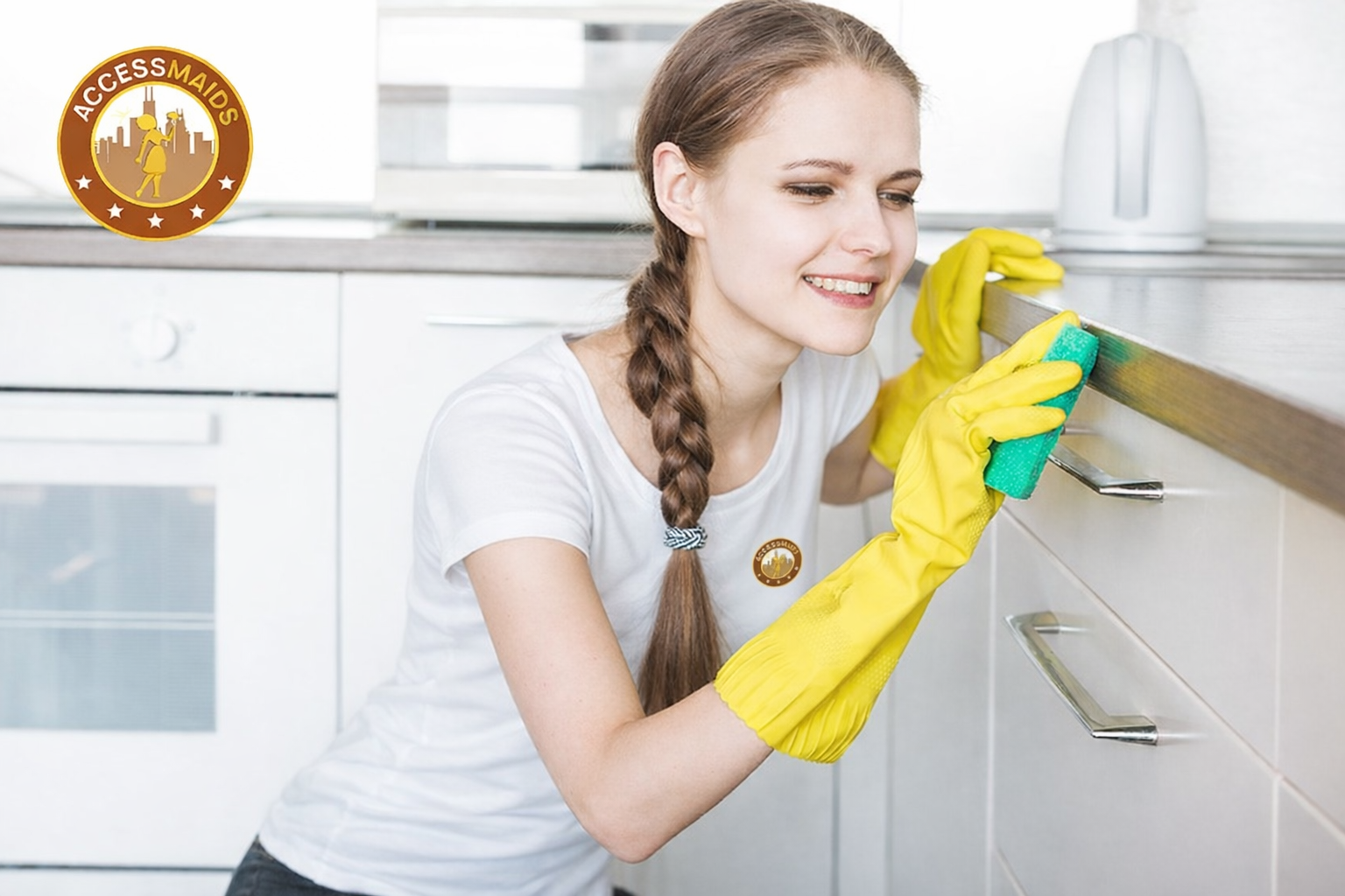AccessMaids cleaner wiping down Chicago kitchen countertops