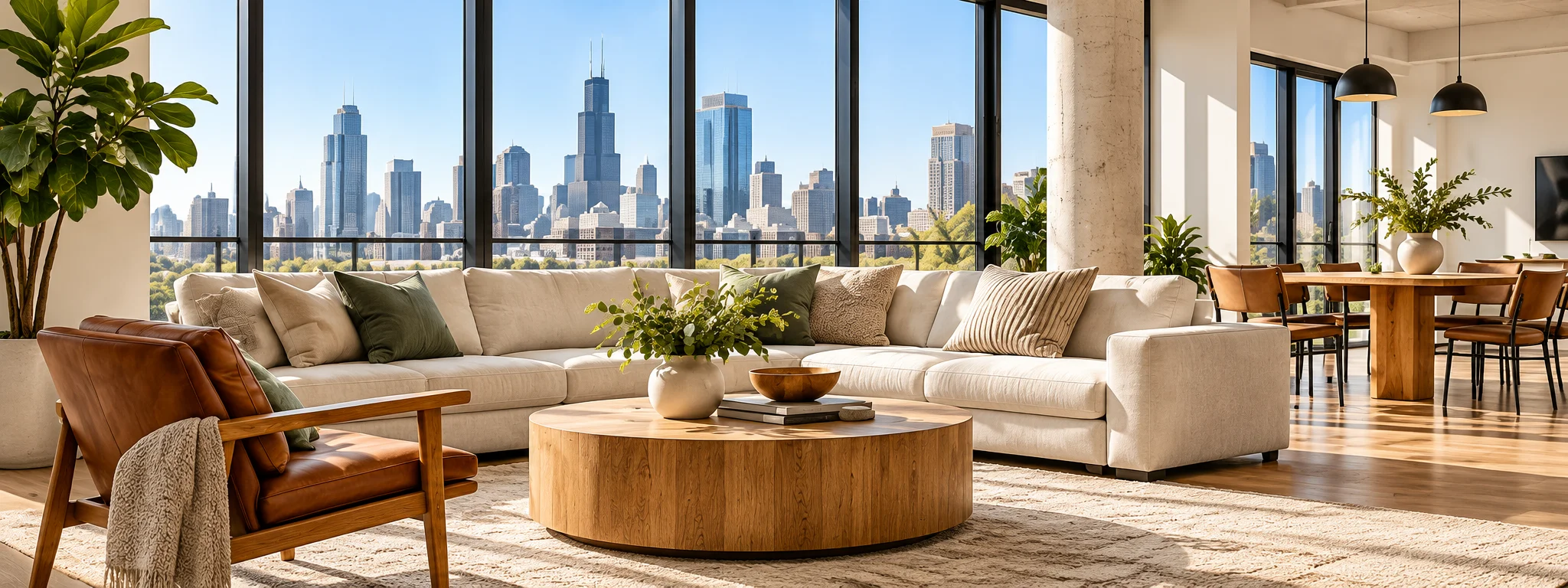 A beautifully clean, sunlit Chicago loft with warm wood floors and city views