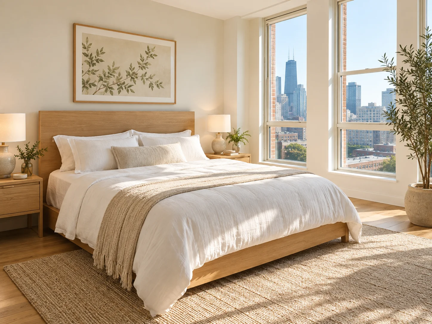 Freshly made bed in a bright, uncluttered bedroom