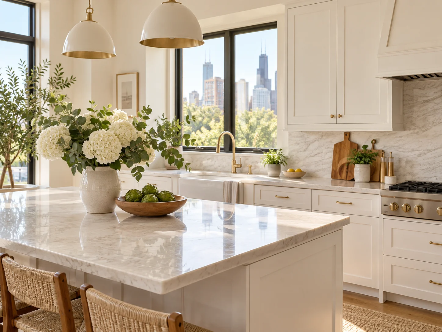 Spotless kitchen with white cabinets, a marble island, and natural light