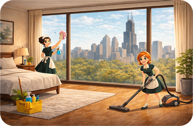 Bedroom cleaning illustration for AccessMaids deep cleaning service